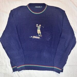 Vintage Carmel Golf Sweater XL Made in USA Embroidered Golfer Navy Textured Knit